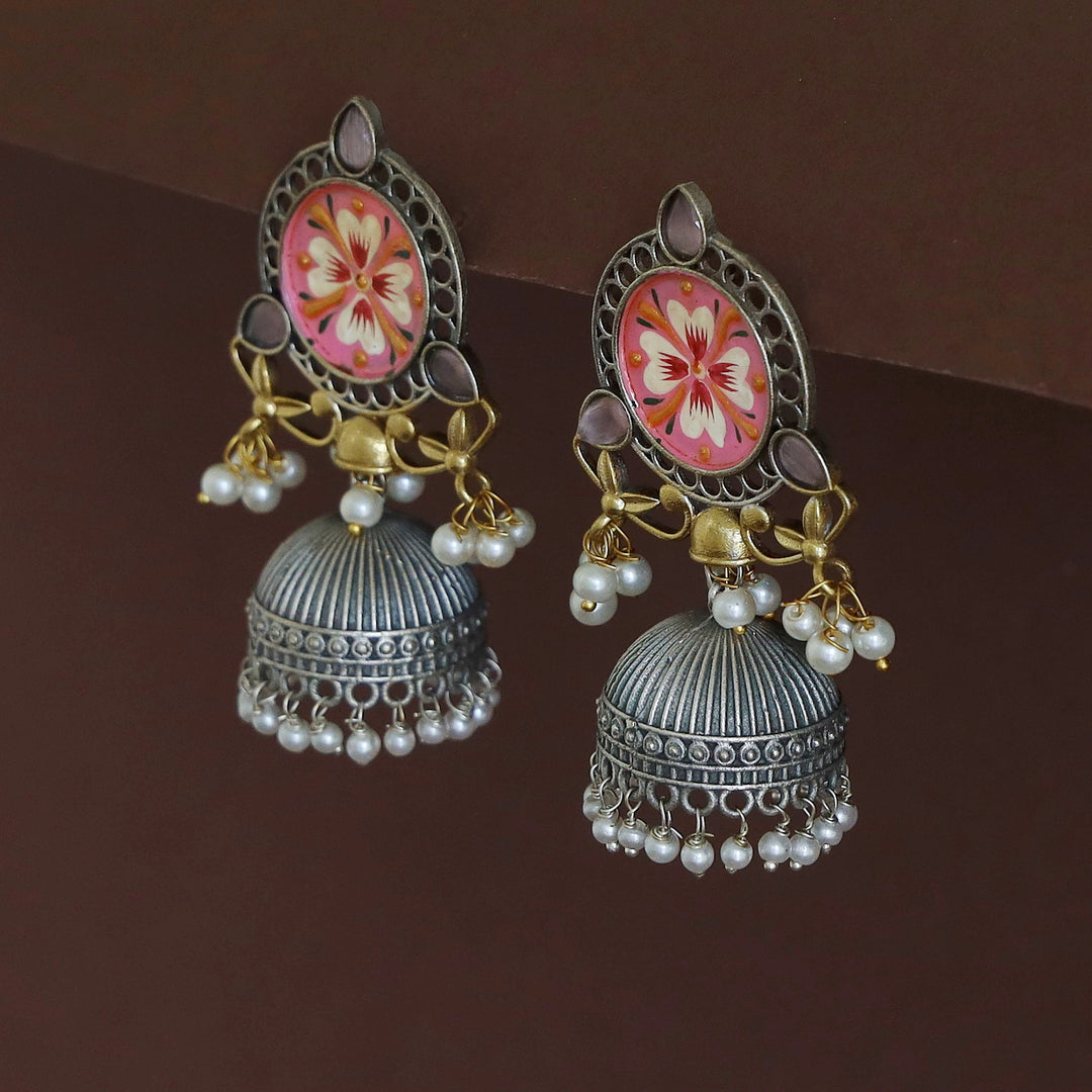 Kanakpriya Hand Painted Tri Glossy Pearl Jhumka