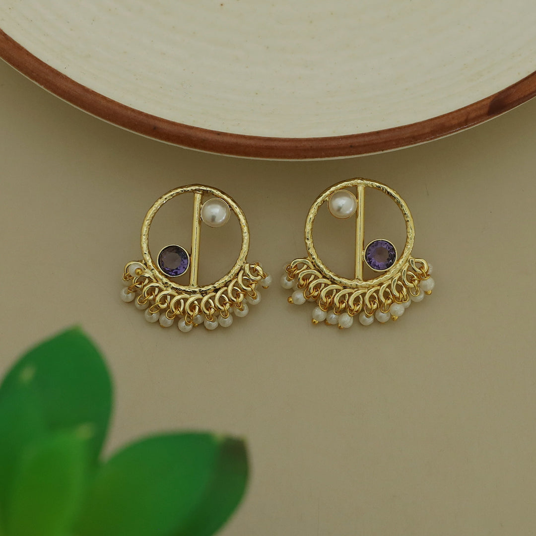 Golden Hammered Circle Cluster Pearl Glossy Stone Earring