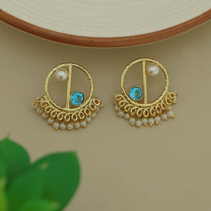 Golden Hammered Circle Cluster Pearl Glossy Stone Earring