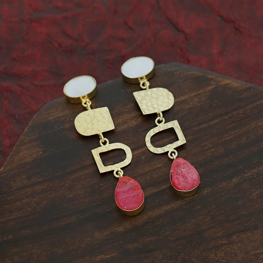 Tiya Golden Textured Oval MOP + Dyed Drop Earring