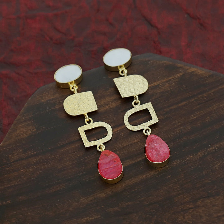 Tiya Golden Textured Oval MOP + Dyed Drop Earring