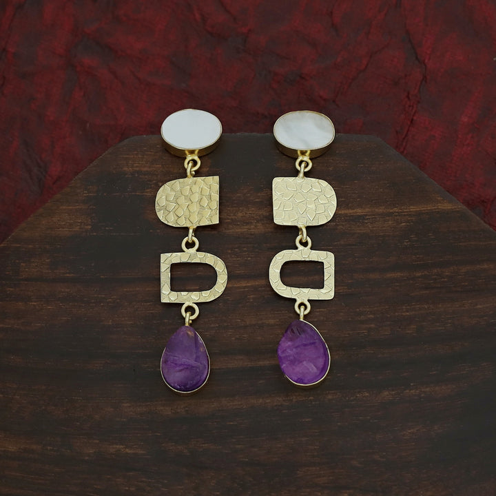 Tiya Golden Textured Oval MOP + Dyed Drop Earring