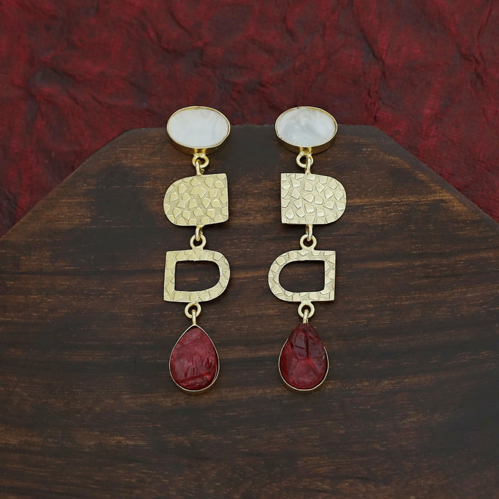 Tiya Golden Textured Oval MOP + Dyed Drop Earring