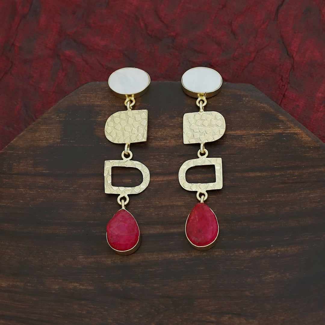 Tiya Golden Textured Oval MOP + Dyed Drop Earring