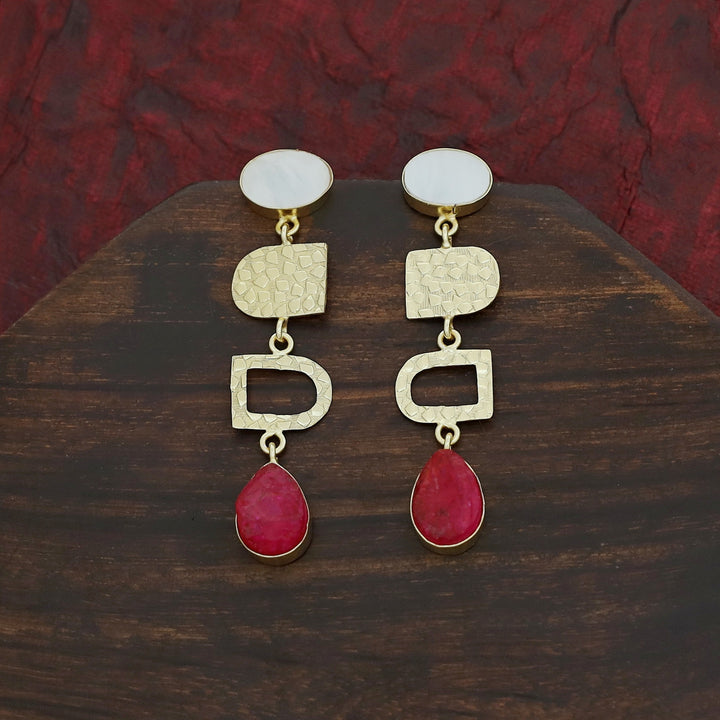 Tiya Golden Textured Oval MOP + Dyed Drop Earring