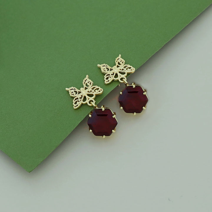 Golden Butterfly Hexagon Earring