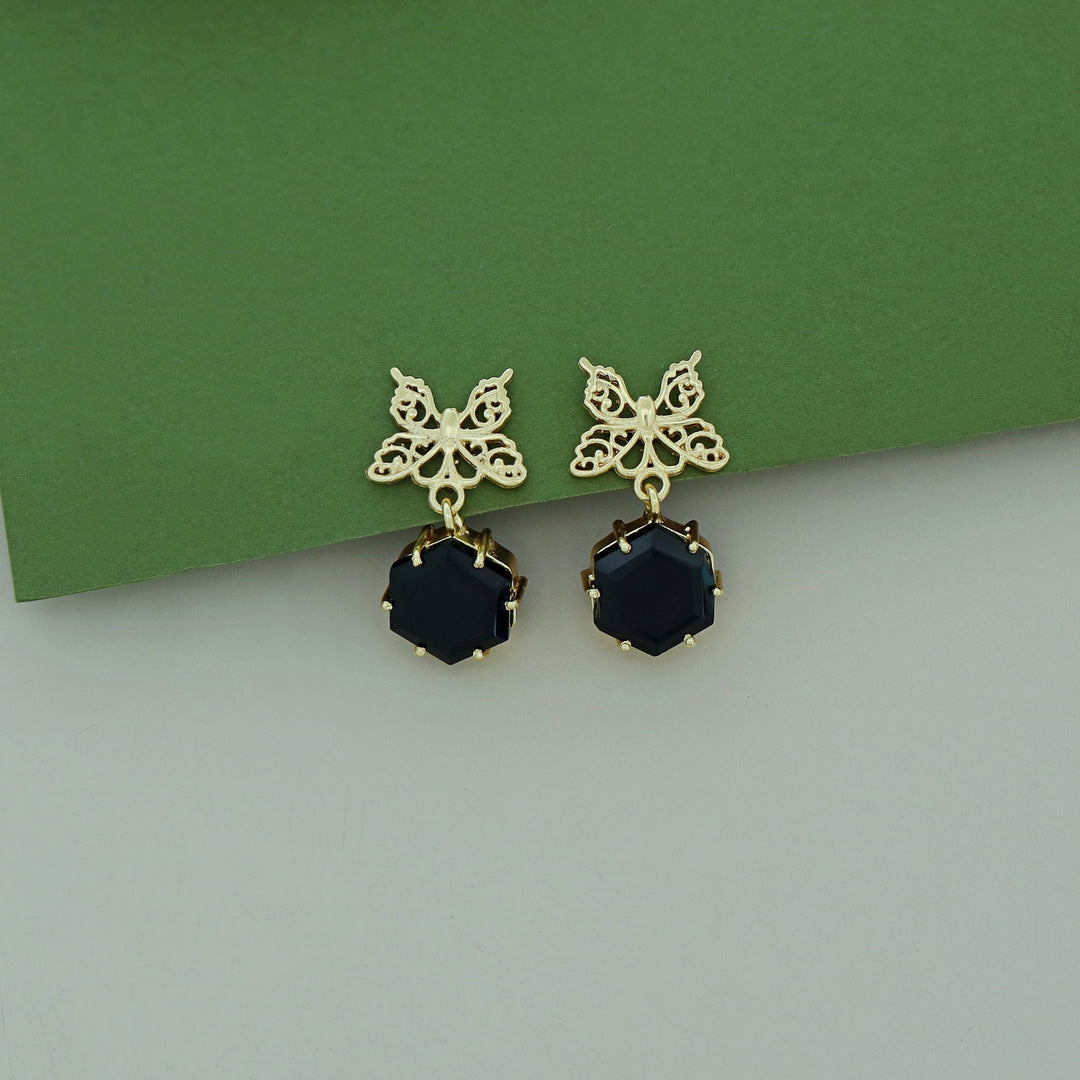 Golden Butterfly Hexagon Earring