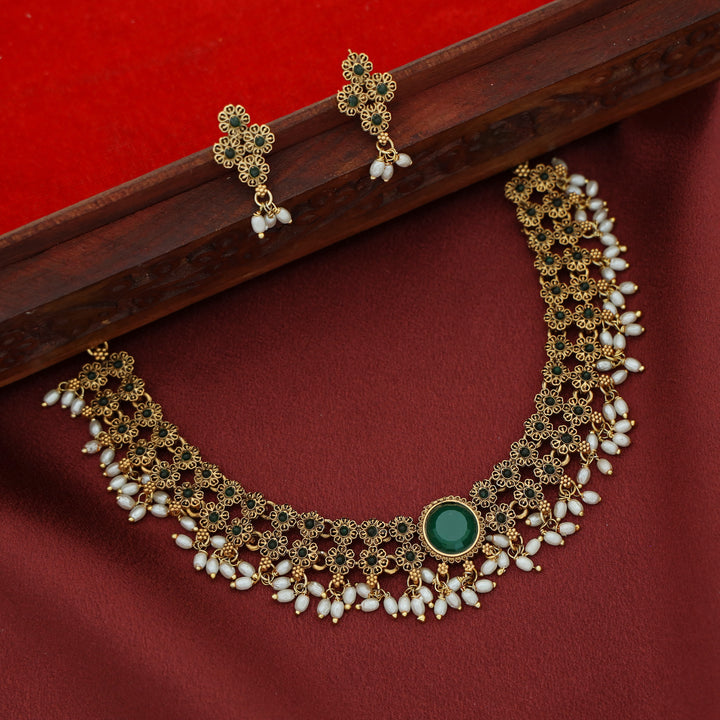 Nivithika Floral Rice Pearl Short Neckpiece with Earring