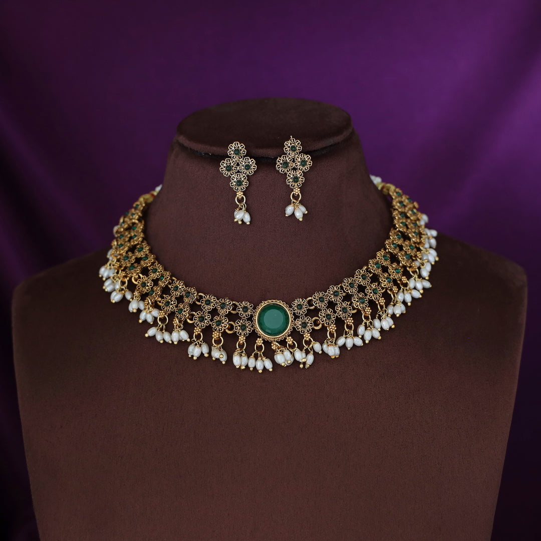 Nivithika Floral Rice Pearl Short Neckpiece with Earring