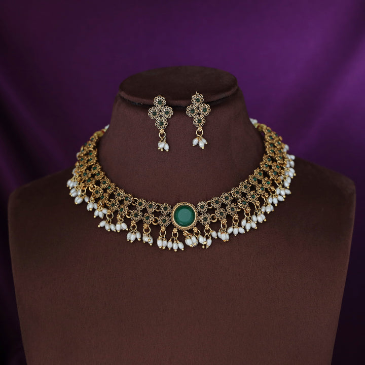Nivithika Floral Rice Pearl Short Neckpiece with Earring