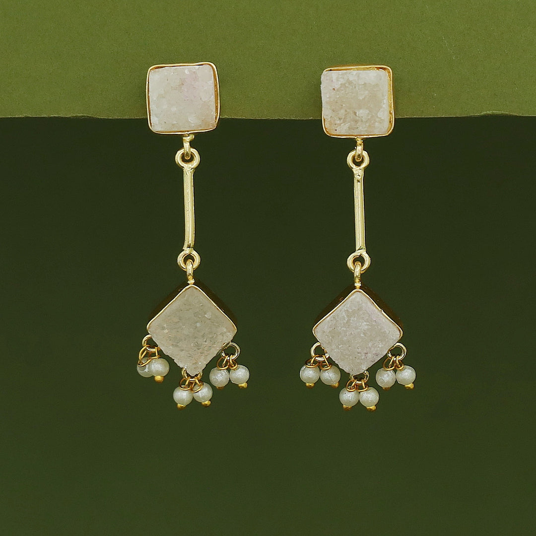 Mira Pendulum Square & Diamond Druzy Pearl Earring