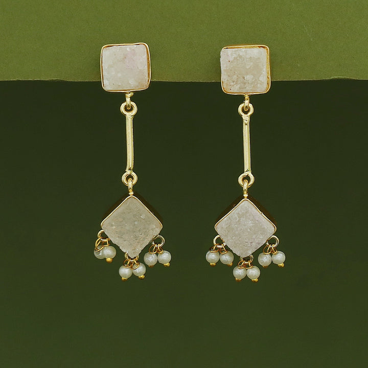 Mira Pendulum Square & Diamond Druzy Pearl Earring
