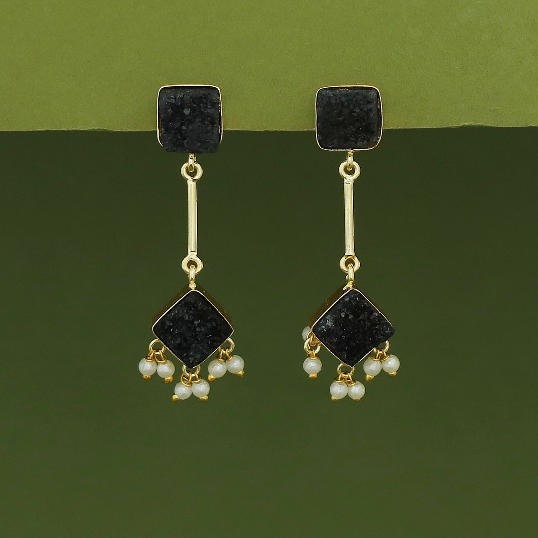 Mira Pendulum Square & Diamond Druzy Pearl Earring