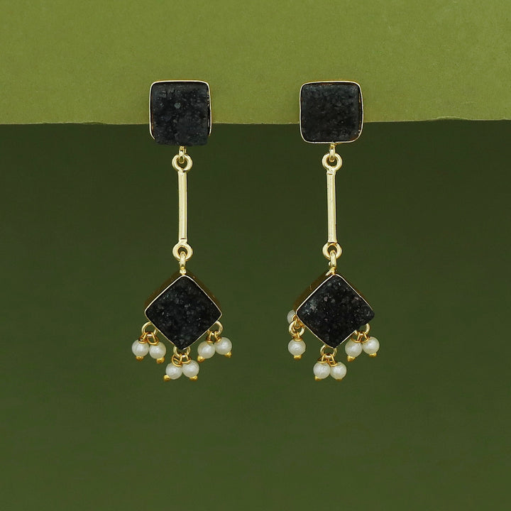 Mira Pendulum Square & Diamond Druzy Pearl Earring