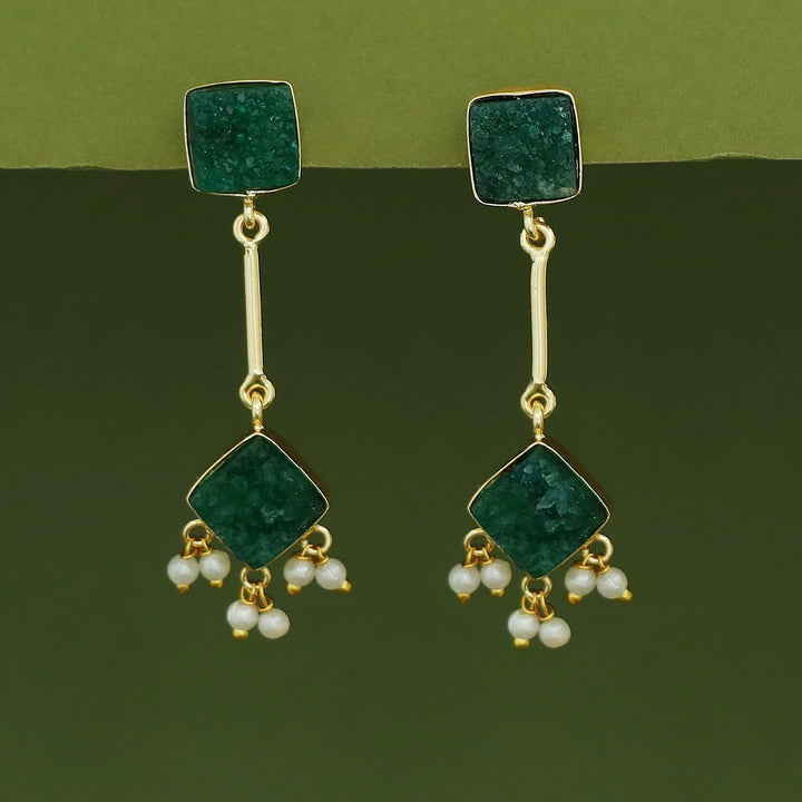 Mira Pendulum Square & Diamond Druzy Pearl Earring