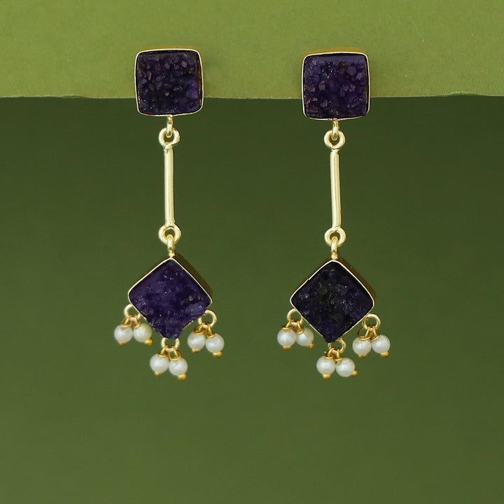 Mira Pendulum Square & Diamond Druzy Pearl Earring