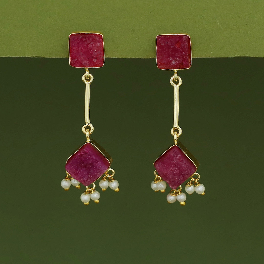 Mira Pendulum Square & Diamond Druzy Pearl Earring