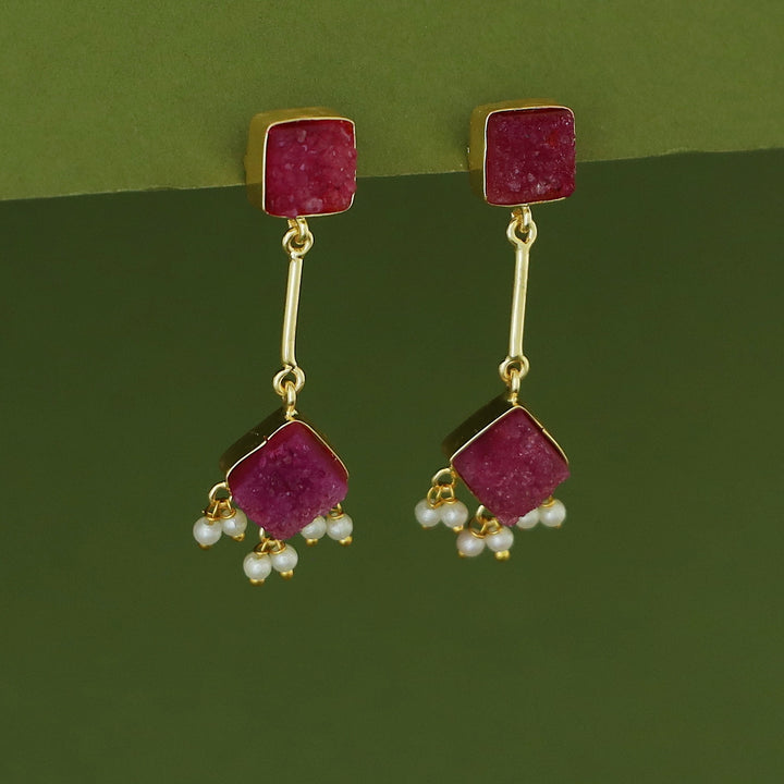 Mira Pendulum Square & Diamond Druzy Pearl Earring