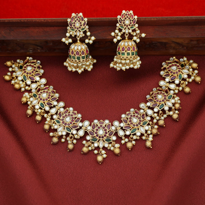 Vishakha Lotus Cluster Pearl Short Neckpiece With Earring
