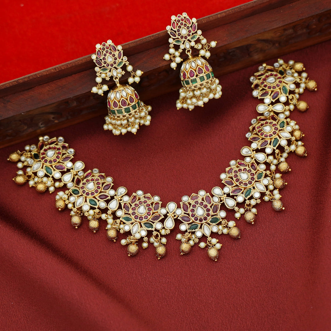 Vishakha Lotus Cluster Pearl Short Neckpiece With Earring