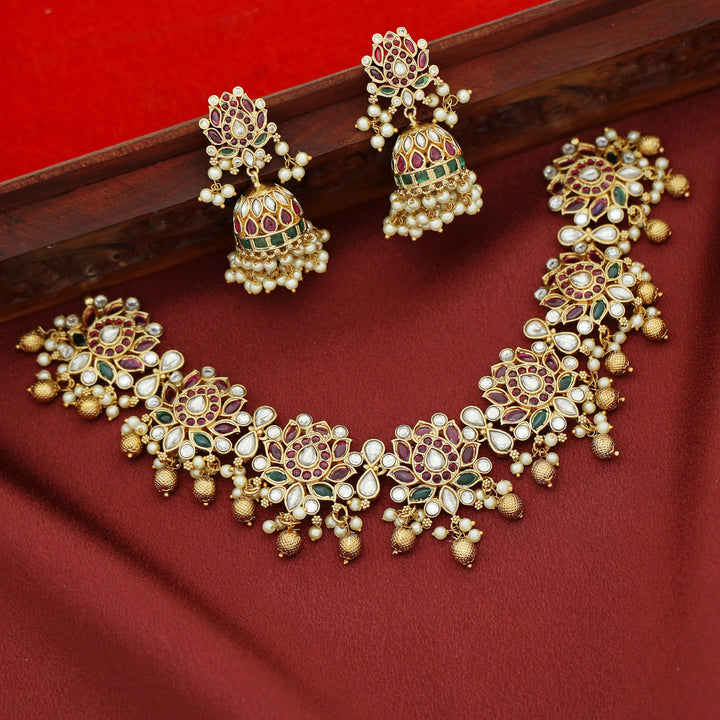 Vishakha Lotus Cluster Pearl Short Neckpiece With Earring