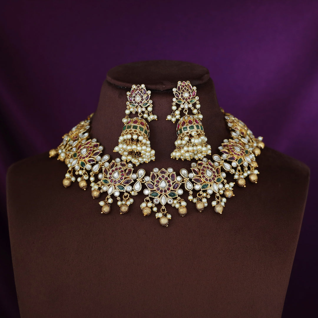 Vishakha Lotus Cluster Pearl Short Neckpiece With Earring
