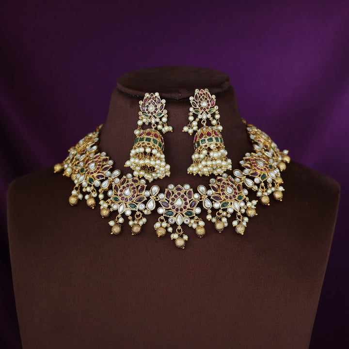 Vishakha Lotus Cluster Pearl Short Neckpiece With Earring