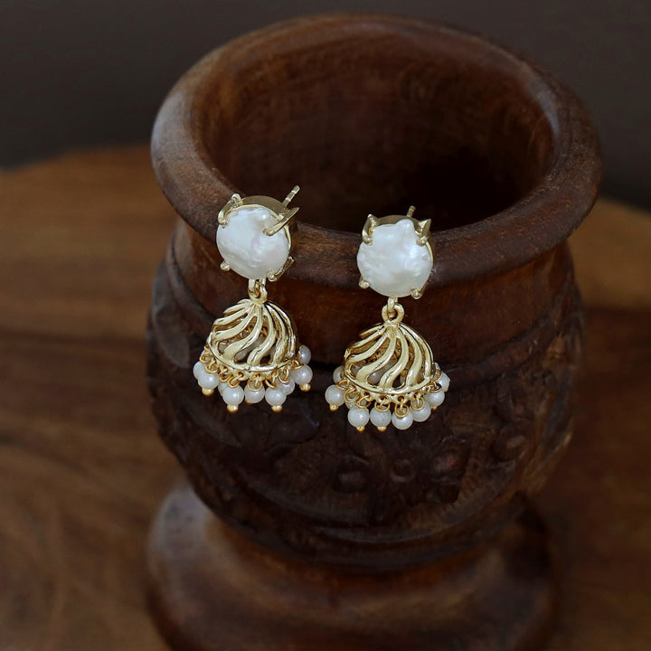 Mithila Golden Pearl Real Baroque Jhumka