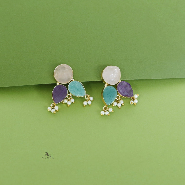 Ruby Tri Raw Stone Pearl Earring