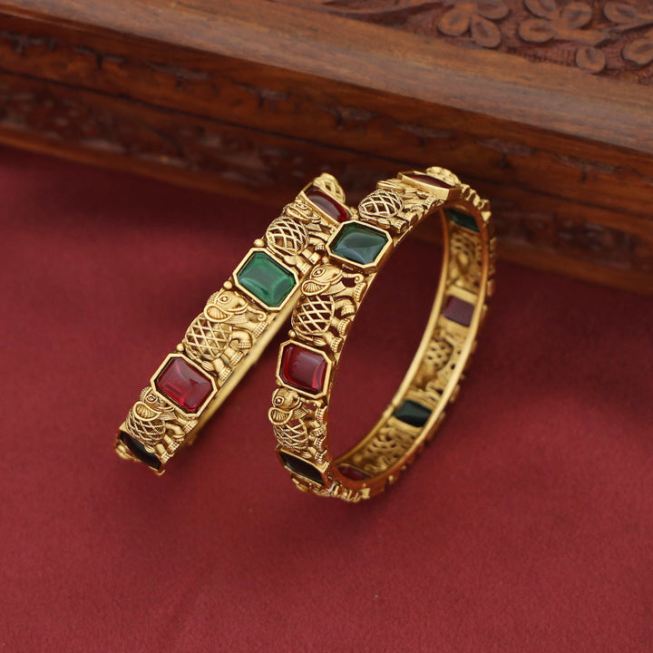 Adrisa Gajavanthi Kemp Stone Bangle (Set Of 2)