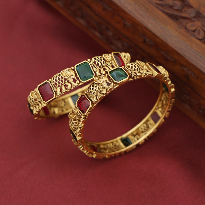 Adrisa Gajavanthi Kemp Stone Bangle (Set Of 2)