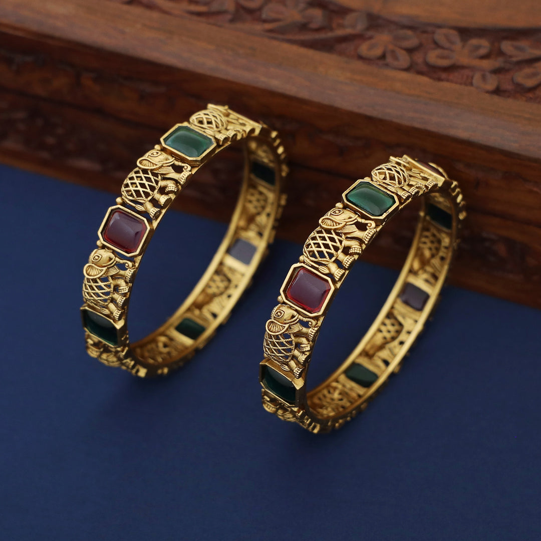 Adrisa Gajavanthi Kemp Stone Bangle (Set Of 2)