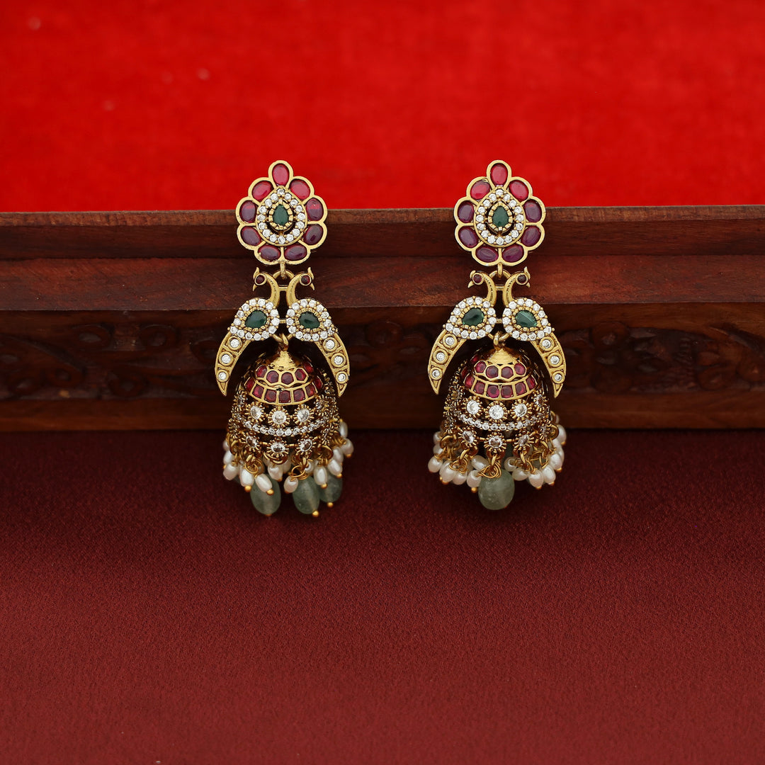 Nivega Dual Myura Rice Pearl Beaded Jhumka