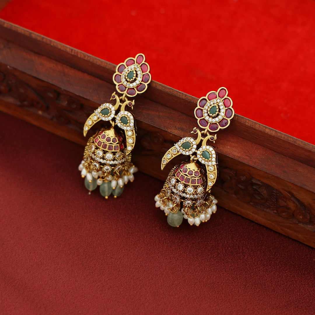Nivega Dual Myura Rice Pearl Beaded Jhumka