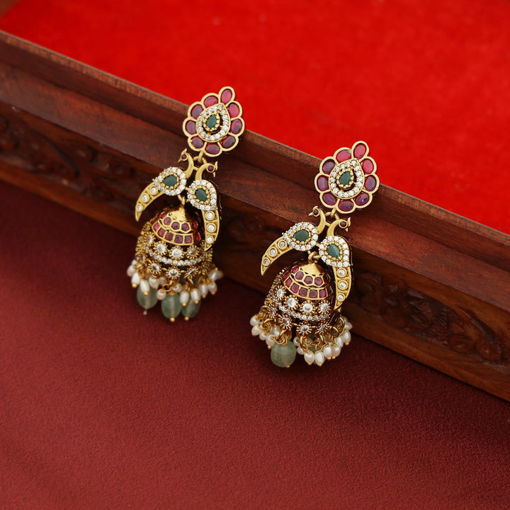Nivega Dual Myura Rice Pearl Beaded Jhumka