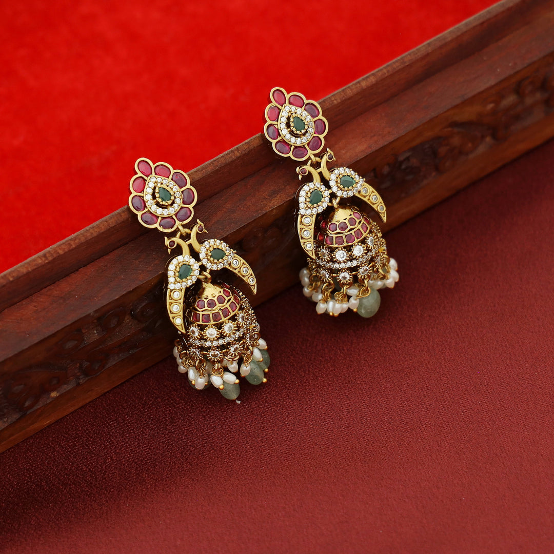 Nivega Dual Myura Rice Pearl Beaded Jhumka