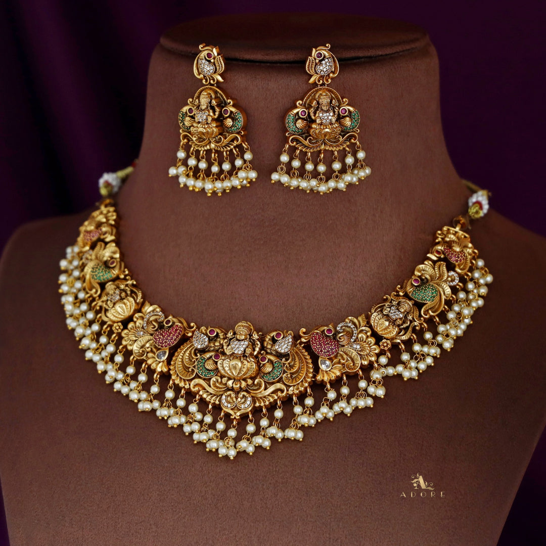 Premium Ayushi Pearl AD Stone Short Neckpiece With Earring
