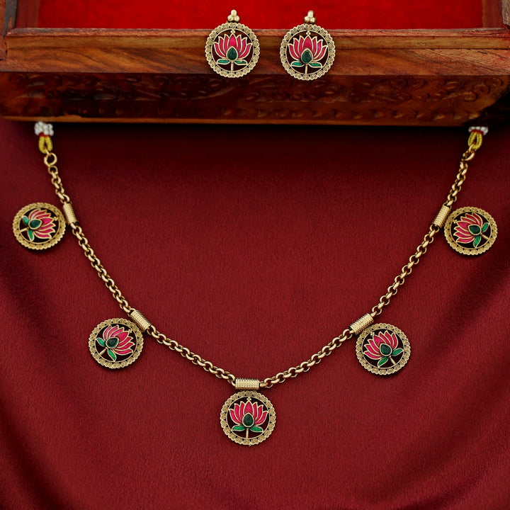 Advaita Circle Enamel Lotus Neckpiece With Earring