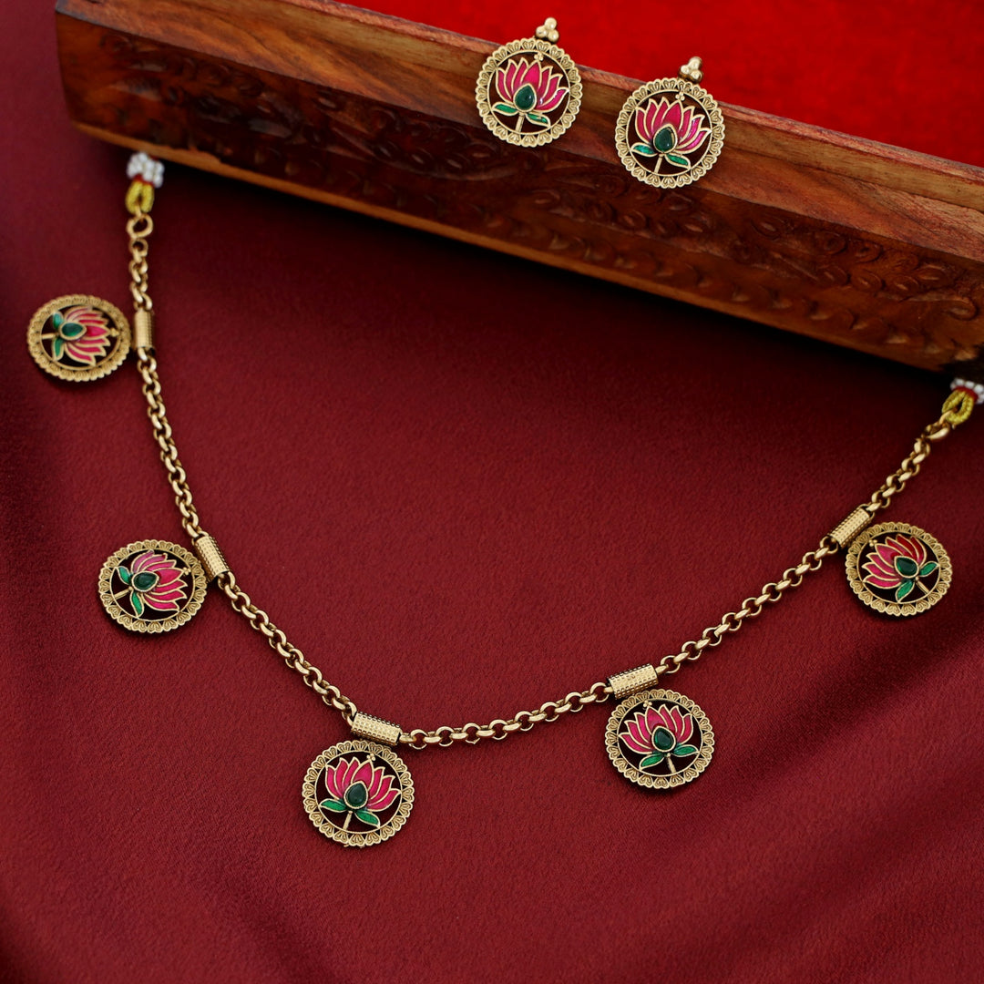 Advaita Circle Enamel Lotus Neckpiece With Earring
