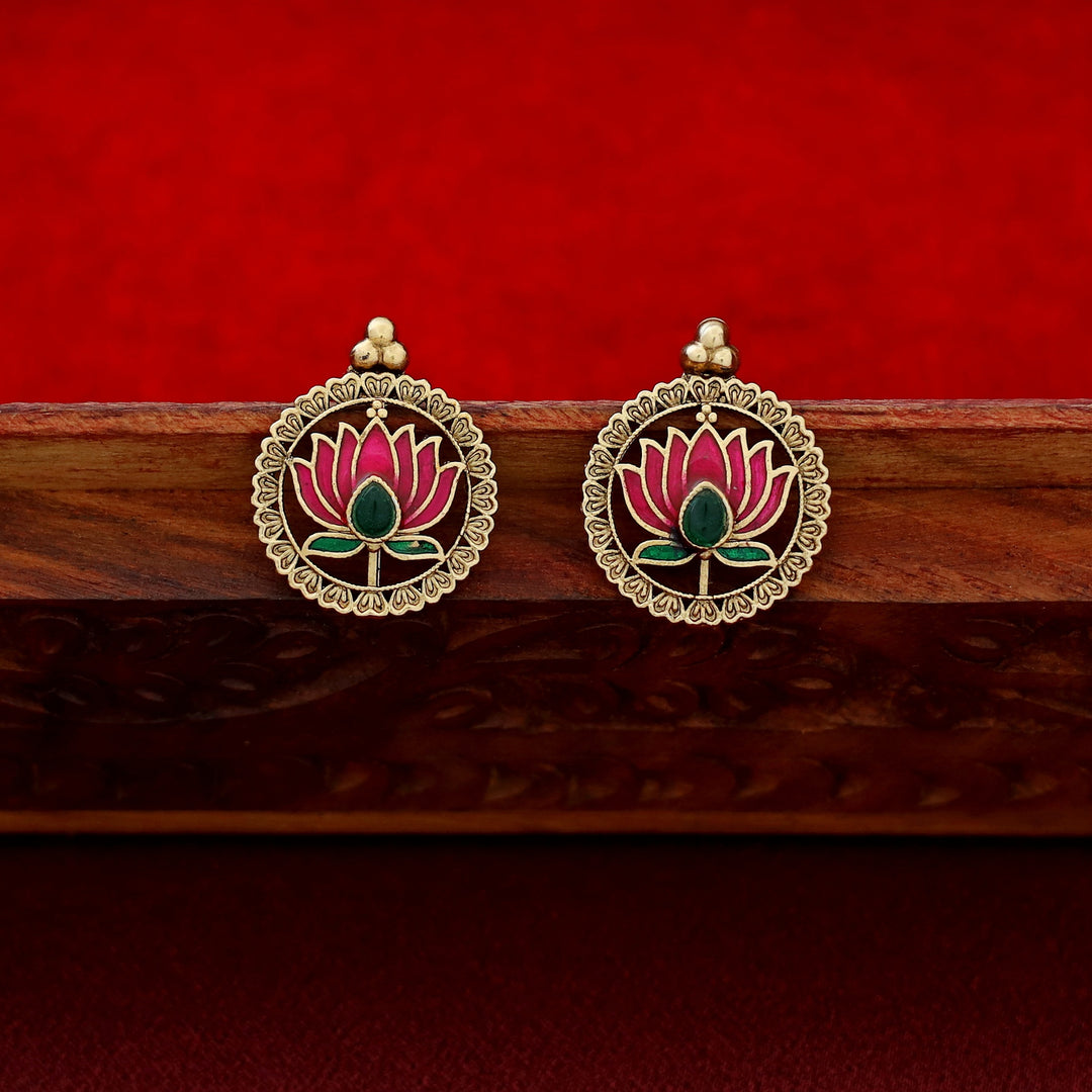 Advaita Circle Enamel Lotus Neckpiece With Earring