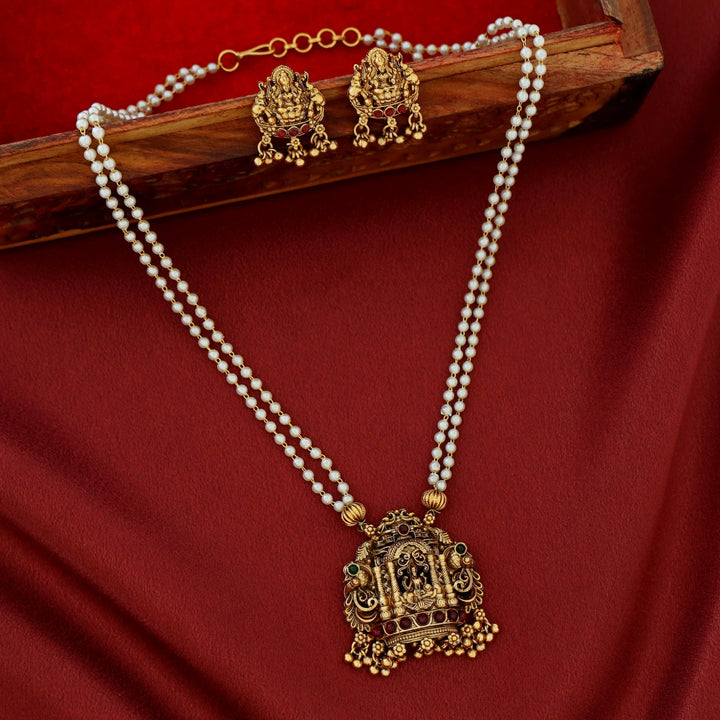 2 Layer Pearl Temple Prathishta Pendant Neckpiece With Earring