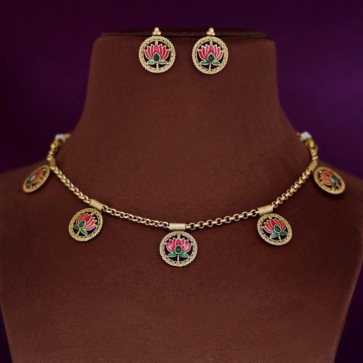 Advaita Circle Enamel Lotus Neckpiece With Earring