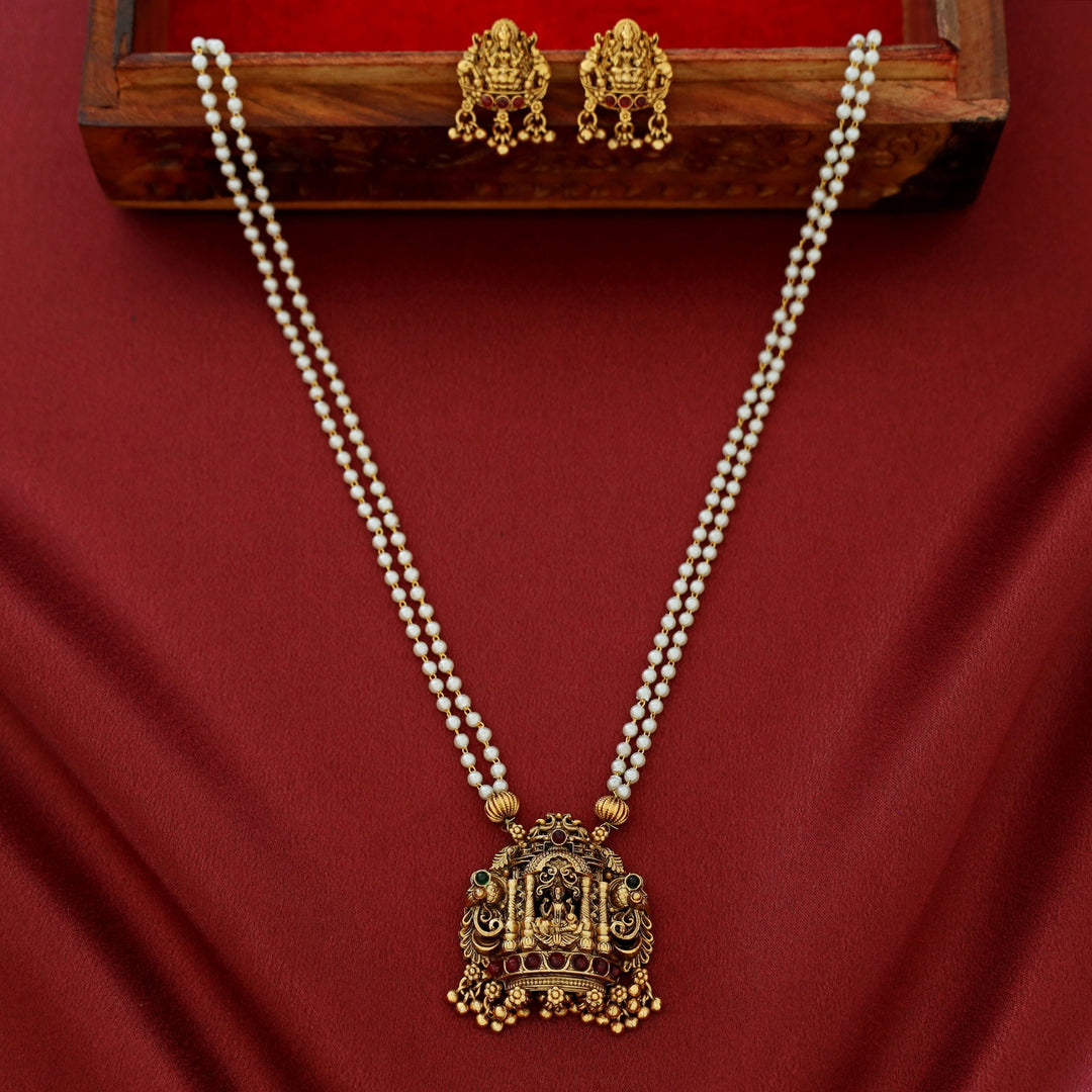2 Layer Pearl Temple Prathishta Pendant Neckpiece With Earring