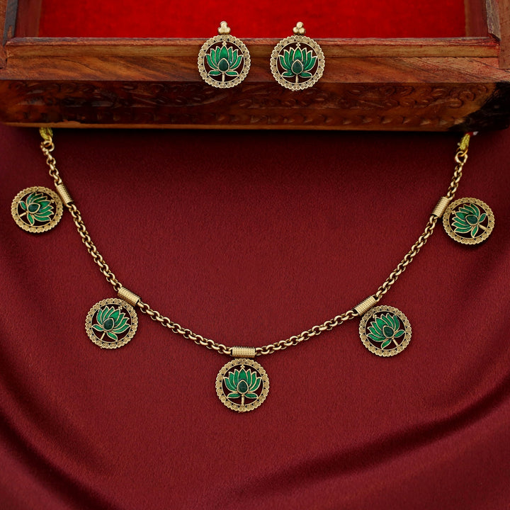 Advaita Circle Enamel Lotus Neckpiece With Earring