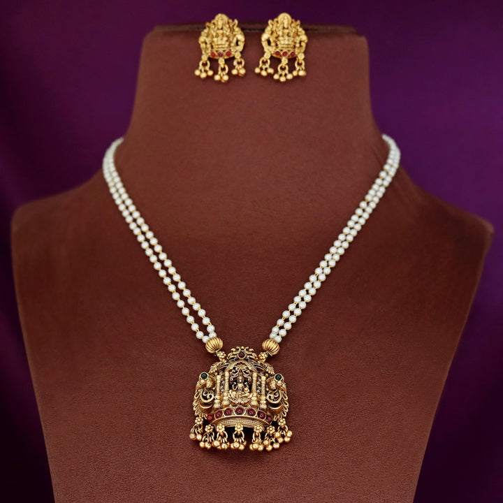 2 Layer Pearl Temple Prathishta Pendant Neckpiece With Earring