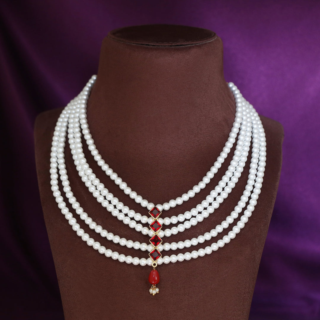 Abhisvara 5 Layer Glossy Diamond Pearl Neckpiece