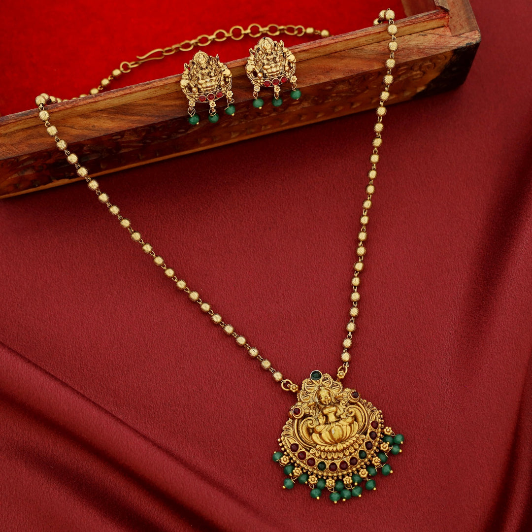 Golden Ball Rudra Devi Beaded Pendant Neckpiece With Earring