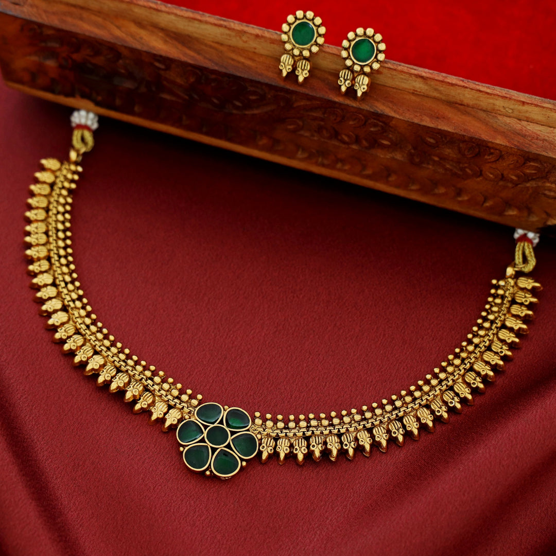 Trishana Enamel Flower Short Neckpiece With Earring