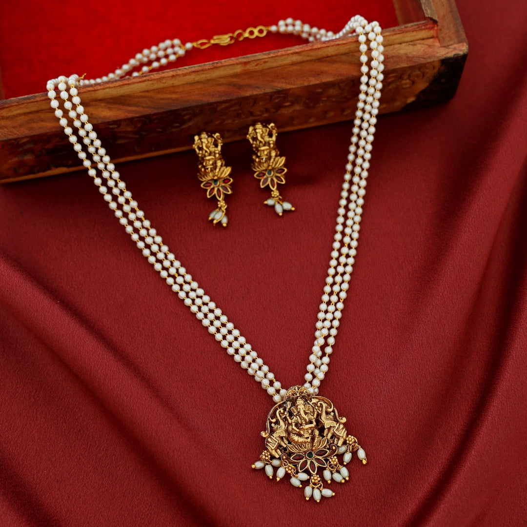 2 Layer Pearl Temple Prathishta Pendant Neckpiece With Earring