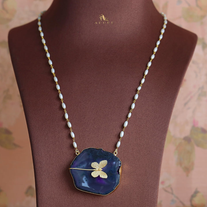 Rice Pearl Long Agate Golden Papillon Neckpiece